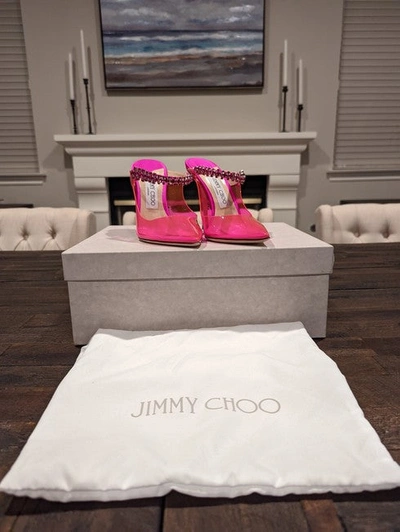 Shop Jimmy Choo Women Fuchsia Bing 100 Neon Pvc And Crystal-embellished Satin Mules/slides In Pink