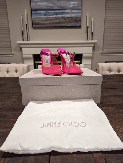 Jimmy Choo Bing 100 Neon Pvc And Crystal-embellished Satin Mules In Pink