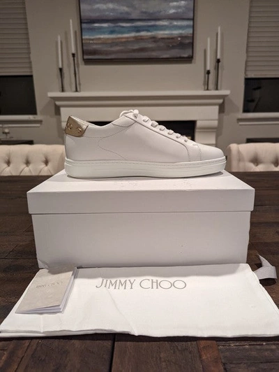 Shop Jimmy Choo Women White Rome Metallic-trimmed Leather Sneakers