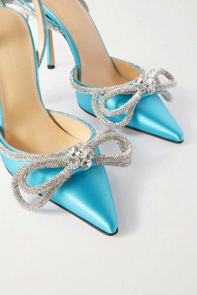 Shop Mach & Mach Women Blue Double Bow Crystal-embellished Silk-satin Point-toe Pumps