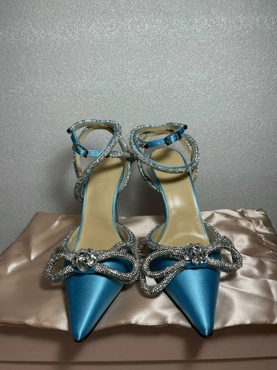 Shop Mach & Mach Women Blue Double Bow Crystal-embellished Silk-satin Point-toe Pumps