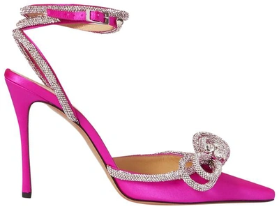 Shop Mach & Mach Women Pink Double Bow Crystal-embellished Silk-satin Point-toe Pumps