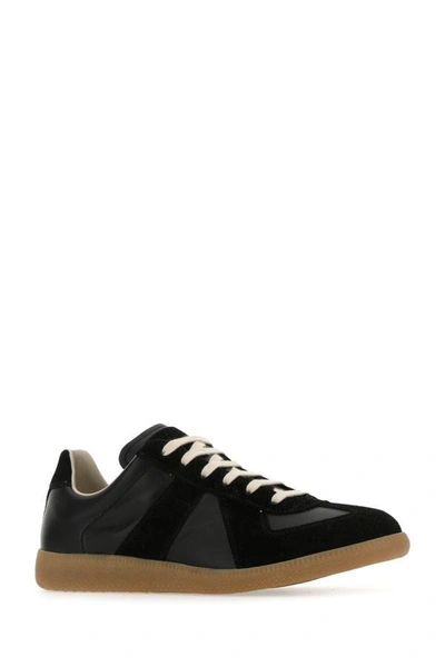 Shop Maison Margiela Man Black Leather And Suede Replica Sneakers