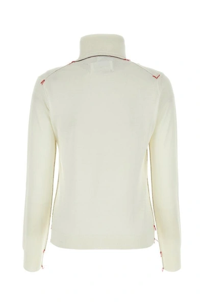 Maison Margiela White High Neck Sweater With Contrasting Stitching In Wool Woman In White