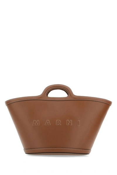 Marni Tropicalia Small Brown Handbag With Embossed Logo And Contrasting Stitch In Leather Woman In Brown