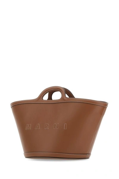 Marni Tropicalia Small Brown Handbag With Embossed Logo And Contrasting Stitch In Leather Woman In Brown