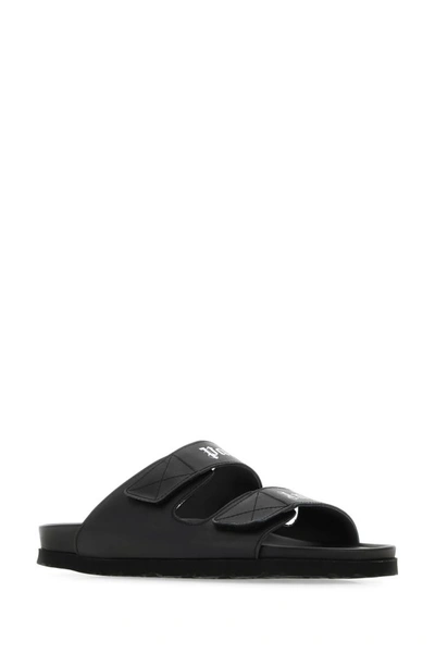 Shop Palm Angels Man Black Leather Slippers