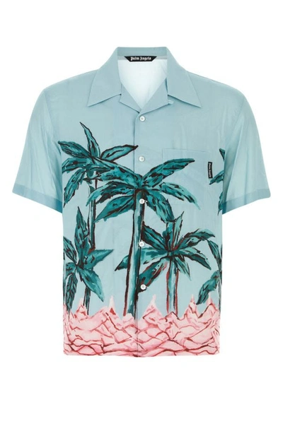 Shop Palm Angels Man Light Blue Viscose Shirt