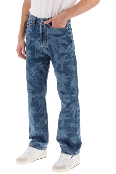 Shop Palm Angels Palmity Allover Laser Denim Jeans Men In Blue