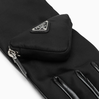 Shop Prada Black Leather And Technical Nylon Gloves Men