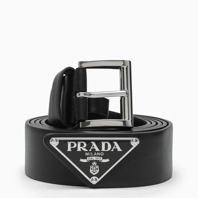 Shop Prada Black Leather Belt With Logo Men