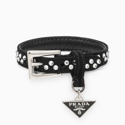 Shop Prada Black Leather Bracelet With Rhinestones Women In Silver
