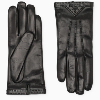 Shop Prada Black Leather Gloves With Logo Women