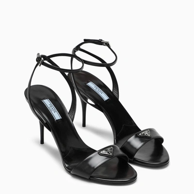 Shop Prada Black Leather High Sandal With Logo Triangle Women