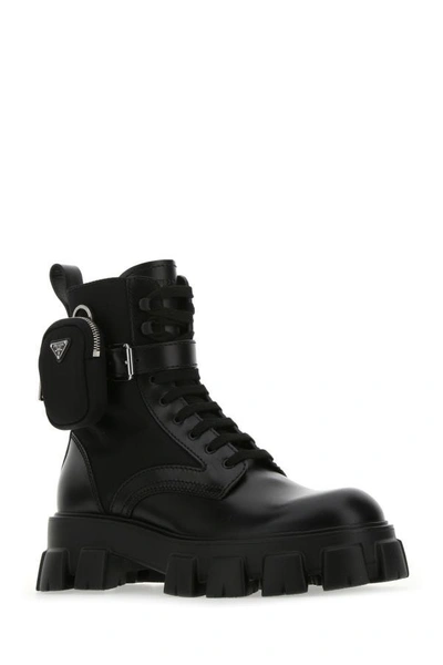 Shop Prada Man Black Leather And Re-nylon Monolith Boots