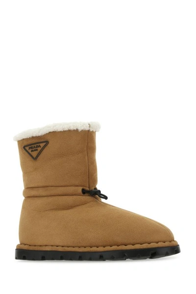 Shop Prada Man Camel Shearling Ankle Boots In Brown