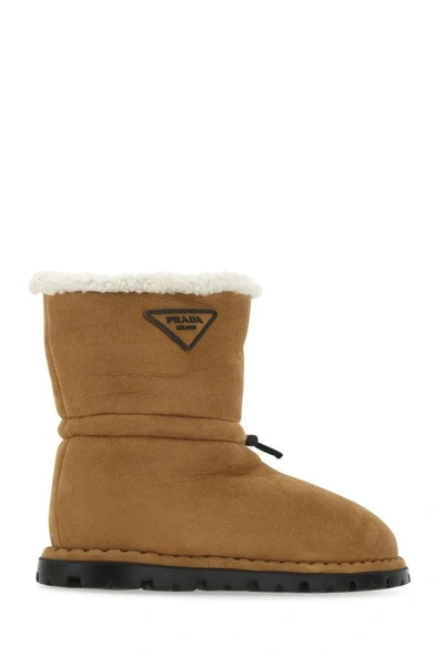 Shop Prada Man Camel Shearling Ankle Boots In Brown