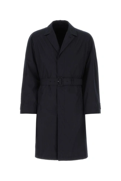 Shop Prada Man Navy Blue Cotton Blend Overcoat