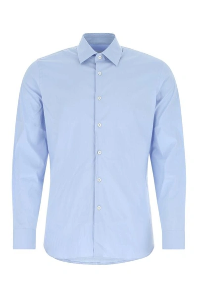 Shop Prada Man Pastel Light Blue Stretch Poplin Shirt