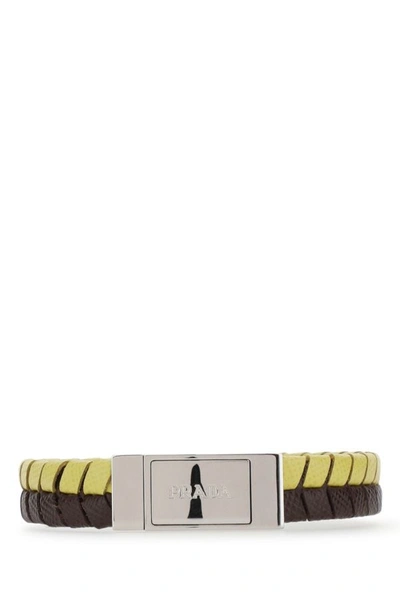 Shop Prada Man Two-tone Leather Bracelet In Multicolor