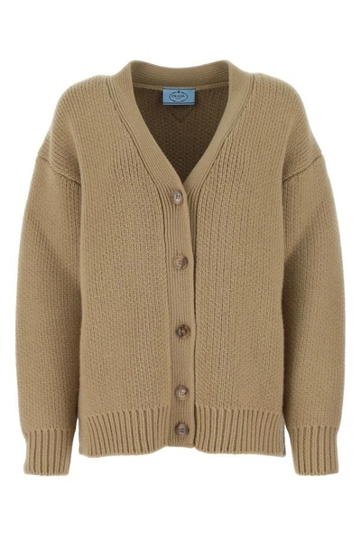 Shop Prada Woman Beige Wool Blend Oversize Cardigan In Brown