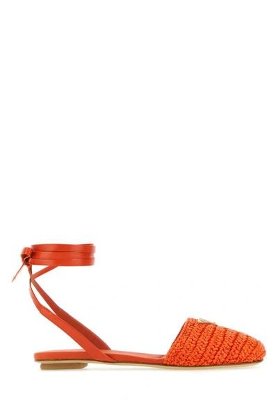 Shop Prada Woman Orange Raffia Sandals