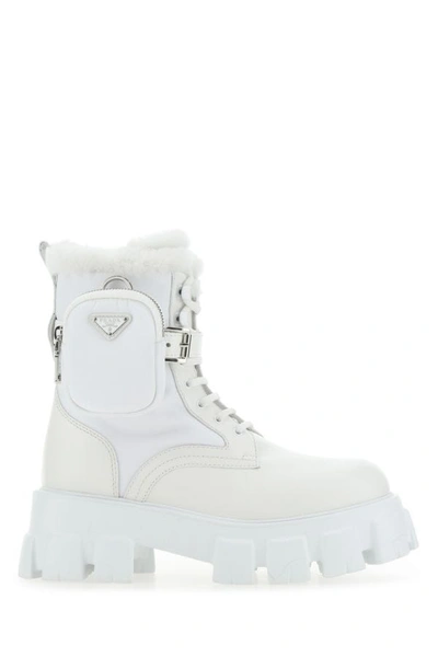 Shop Prada Woman White Leather And Re-nylon Monolith Boots