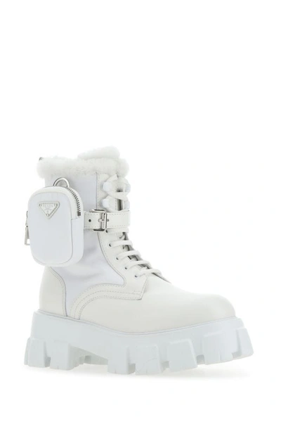 Shop Prada Woman White Leather And Re-nylon Monolith Boots