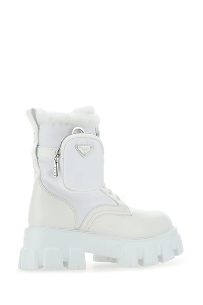 Shop Prada Woman White Leather And Re-nylon Monolith Boots