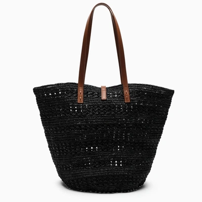 Shop Saint Laurent Black Raffia Tote Bag With Monogram Women