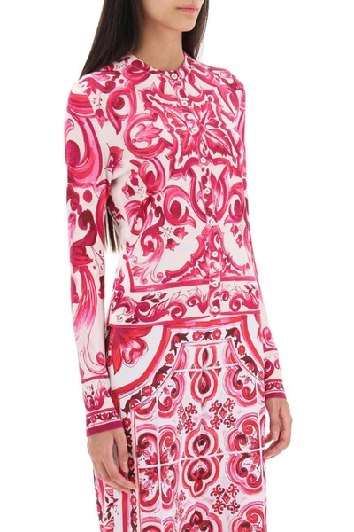Shop Dolce & Gabbana Silk Cardigan With 'maiolica' Motif In Multicolor