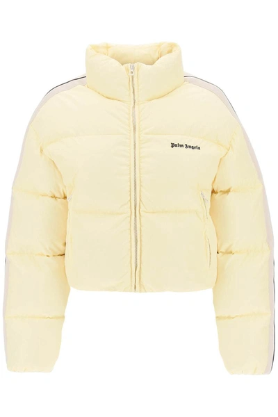 Shop Palm Angels Cropped Puffer Jacket With Bands On Sleeves In Yellow
