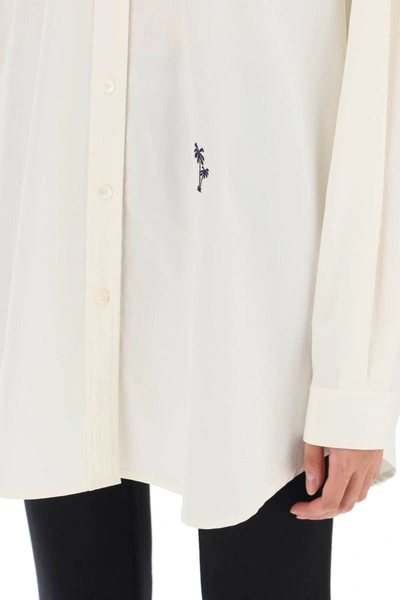 Shop Palm Angels Poplin Shirt With Palm Embroidery In White