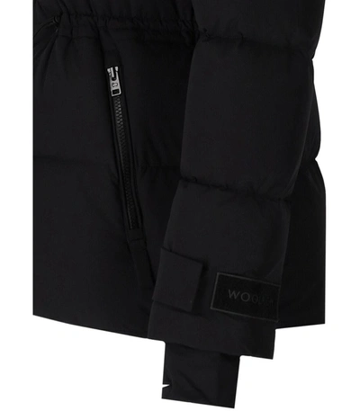 Shop Woolrich Matt Stretch Black Hooded Down Jacket