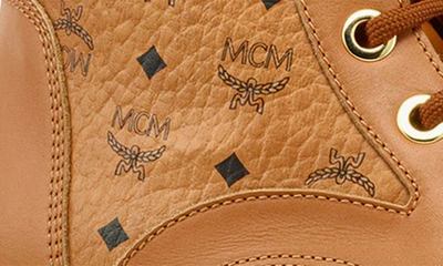 Shop Mcm Visetos Canvas & Leather Hiker Boot In Cognac