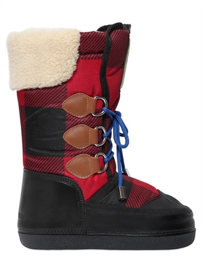 Dsquared2 Plaid Nylon & Leather Snow Boots In Black/red