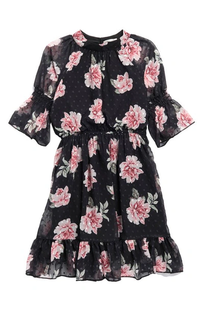 Shop Ava & Yelly Kids' Floral Long Sleeve Clip Dot Dress In Black