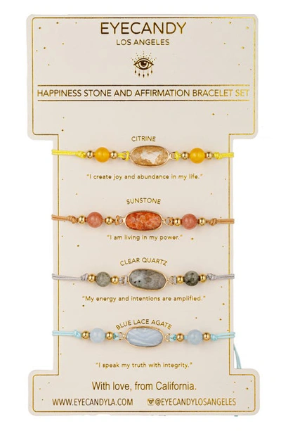 Shop Eye Candy Los Angeles Set Of 4 Affirmation Semiprecious Stone Bracelets In Gold/happiness
