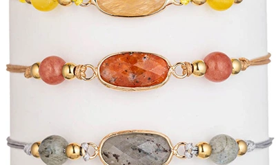 Shop Eye Candy Los Angeles Set Of 4 Affirmation Semiprecious Stone Bracelets In Gold/happiness