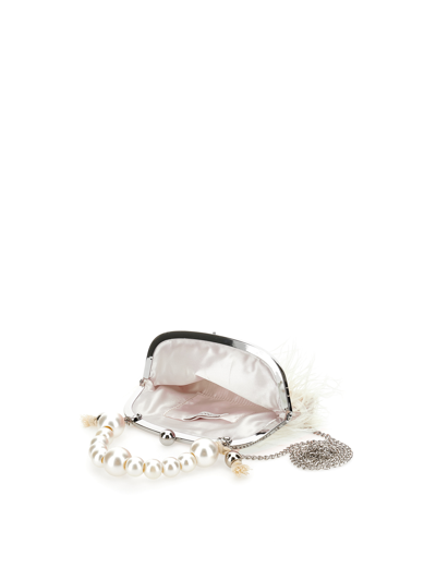 Shop Monnalisa Feather Bag With Faux Pearl Handle In Ecru