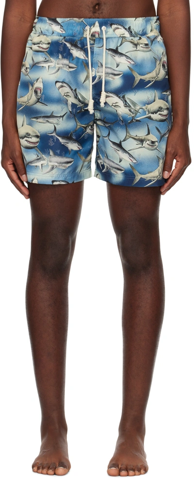 Shop Palm Angels Blue Sharks Swim Shorts In Blue Black