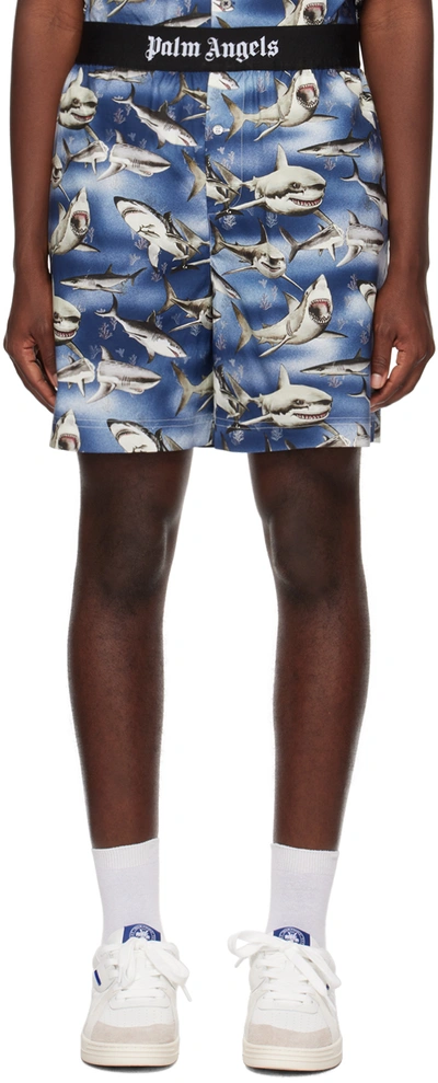 Palm Angels Shark-print Logo-waist Shorts In Blue Black
