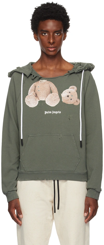 Shop Palm Angels Khaki Bear Ripped Hoodie In Black Brown