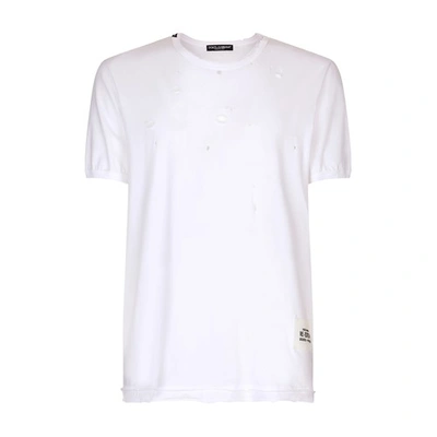 Shop Dolce & Gabbana Cotton T-shirt With Rips In Optical_white