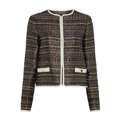 Shop Valentino Cropped Tweed Jacket In Navy_gold_avorio