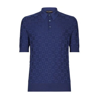 Shop Dolce & Gabbana 3d Jacquard Silk Polo Shirt With Check Print In Very_dark_avio