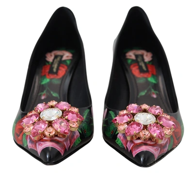 Shop Dolce & Gabbana Black Floral Print Crystal Heels Pumps Women's Shoes