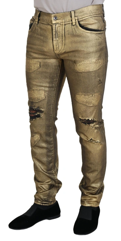 Dolce & Gabbana Gold Cotton Tattered Skinny  Denim Jeans In Gold