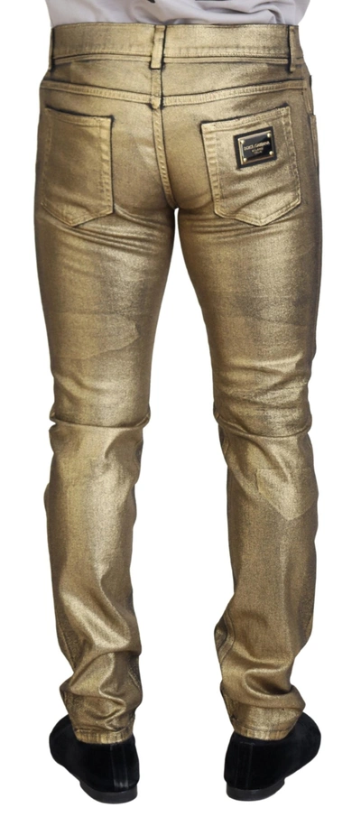 Dolce & Gabbana Gold Cotton Tattered Skinny  Denim Jeans In Gold