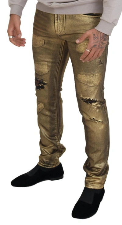 Dolce & Gabbana Gold Cotton Tattered Skinny  Denim Jeans In Gold